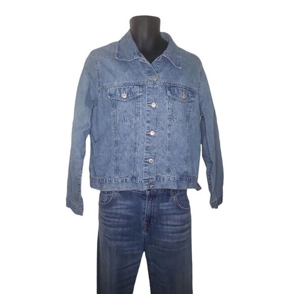 French Cuff Denim Embroidered Jacket Women Sz L Big Graphic Casual Boho - Picture 2 of 6